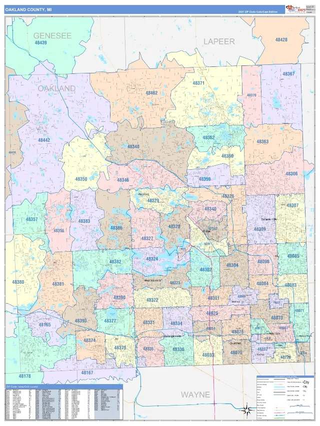 Oakland County, MI ZIP Code Wall Map, ColorCast style