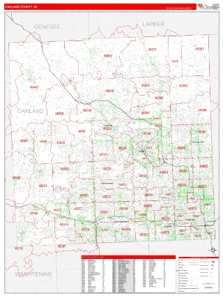 Oakland County, MI RedLine style ZIP Code wall map
