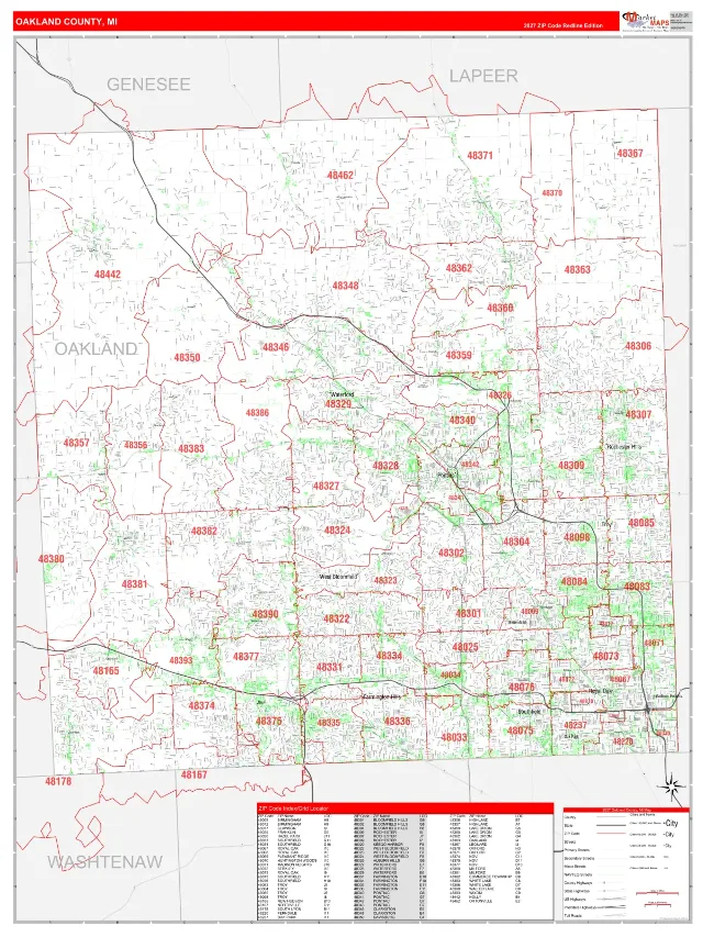 Oakland County, MI ZIP Code Wall Map, RedLine style