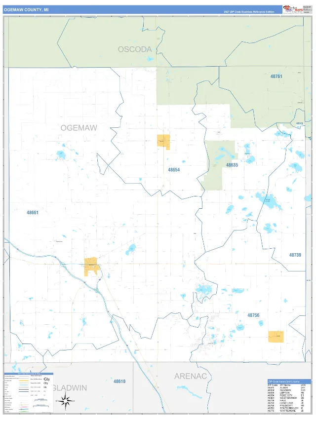 Ogemaw County, MI ZIP Code Wall Map, Business Reference style