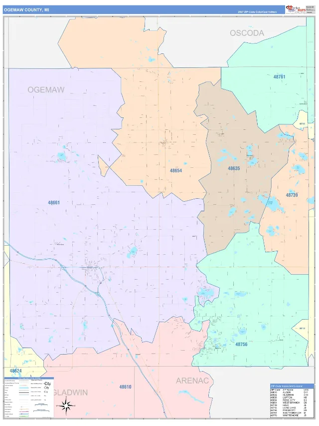 Ogemaw County, MI ZIP Code Wall Map, ColorCast style