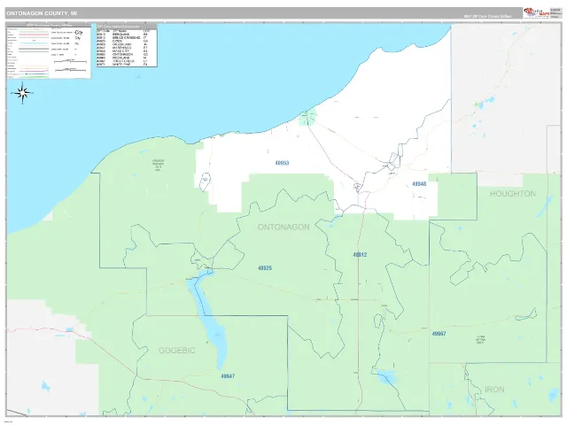 Ontonagon County, MI ZIP Code Wall Map, Classic style