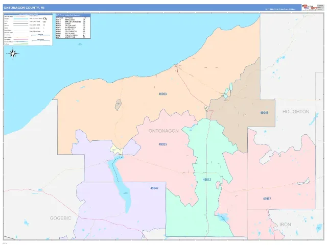 Ontonagon County, MI ZIP Code Wall Map, ColorCast style