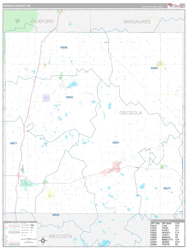 Osceola County, MI ZIP Code Wall Map, Classic style