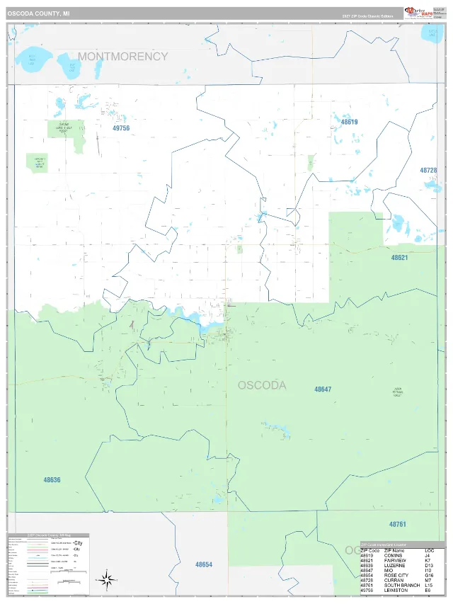 Oscoda County, MI ZIP Code Wall Map, Classic style