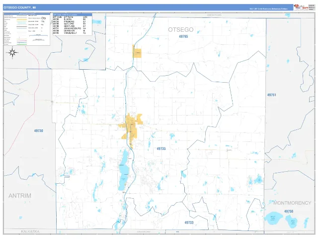 Otsego County, MI ZIP Code Wall Map, Business Reference style