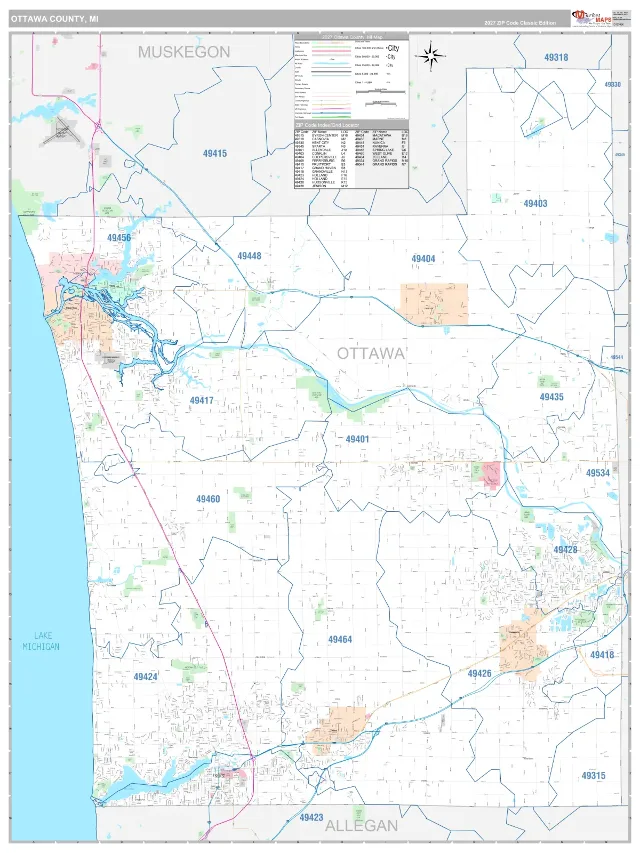 Ottawa County, MI ZIP Code Wall Map, Classic style