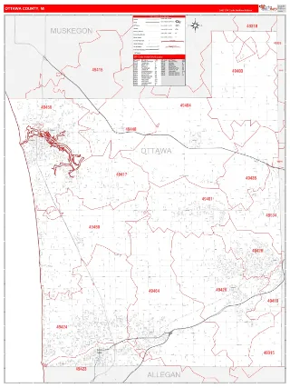 Ottawa County, MI RedLine style ZIP Code wall map