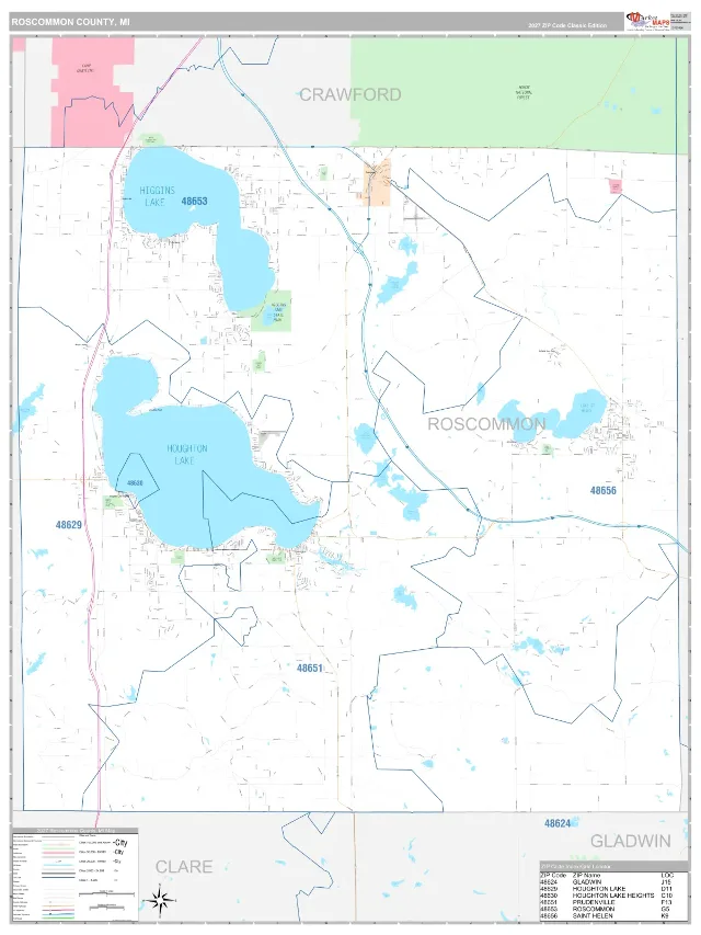 Roscommon County, MI ZIP Code Wall Map, Classic style