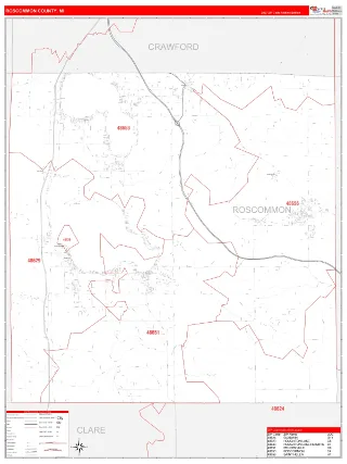 Roscommon County, MI RedLine style ZIP Code wall map