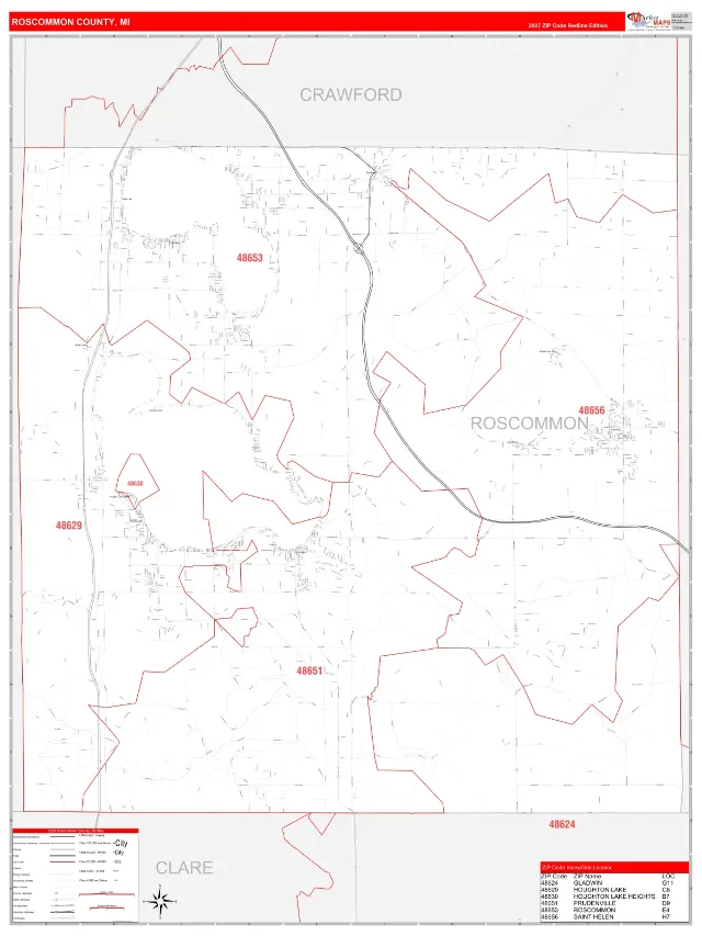 Roscommon County, MI ZIP Code Wall Map, RedLine style