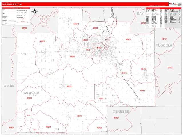 Saginaw County, MI ZIP Code Wall Map, RedLine style