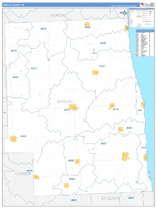 Sanilac County, MI Business Reference style ZIP Code wall map