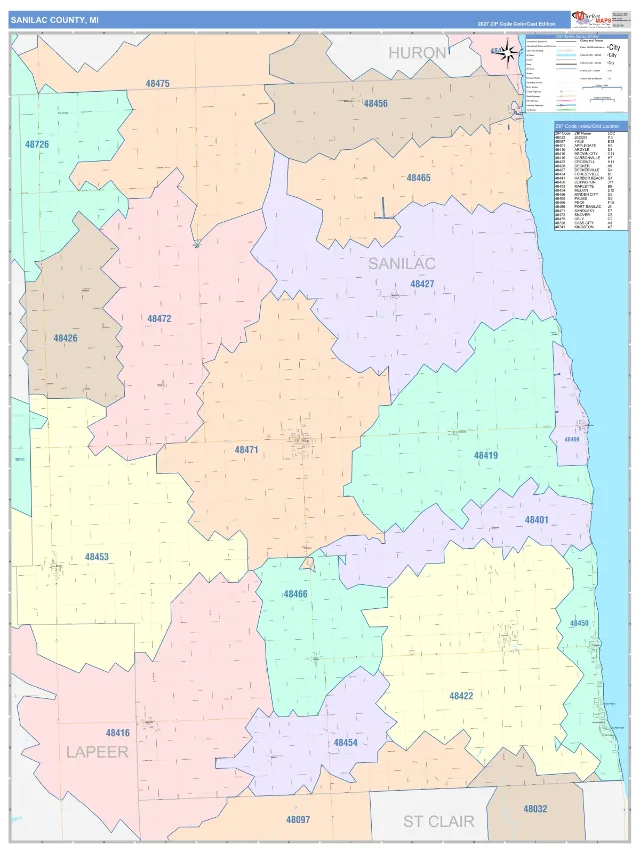 Sanilac County, MI ZIP Code Wall Map, ColorCast style