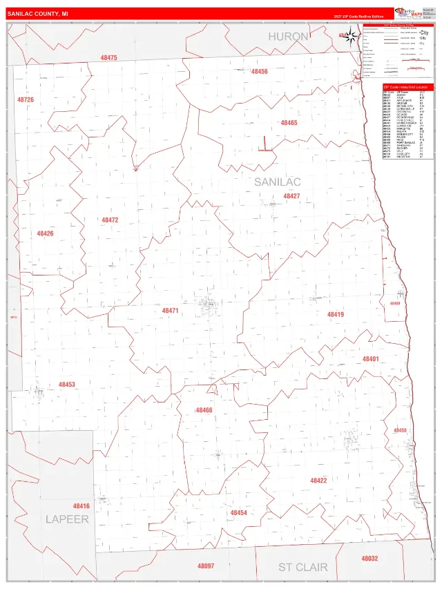 Sanilac County, MI ZIP Code Wall Map, RedLine style