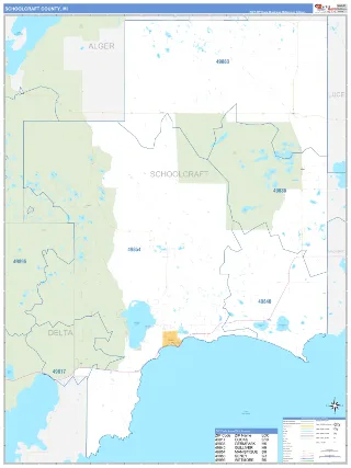 Schoolcraft County, MI Business Reference style ZIP Code wall map