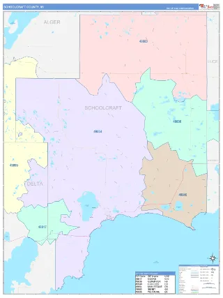 Schoolcraft County, MI ColorCast style ZIP Code wall map
