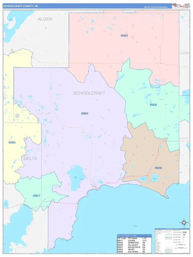 Schoolcraft County, MI ZIP Code Wall Map, ColorCast style