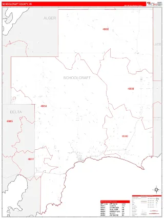 Schoolcraft County, MI RedLine style ZIP Code wall map