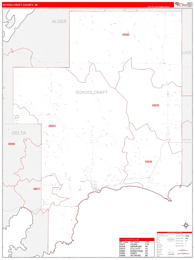 Schoolcraft County, MI ZIP Code Wall Map, RedLine style
