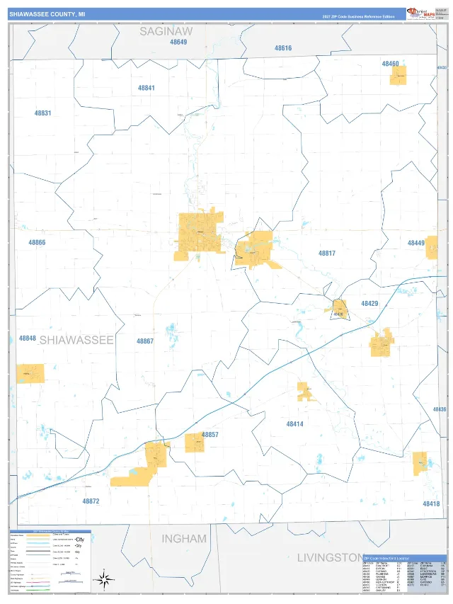 Shiawassee County, MI ZIP Code Wall Map, Business Reference style