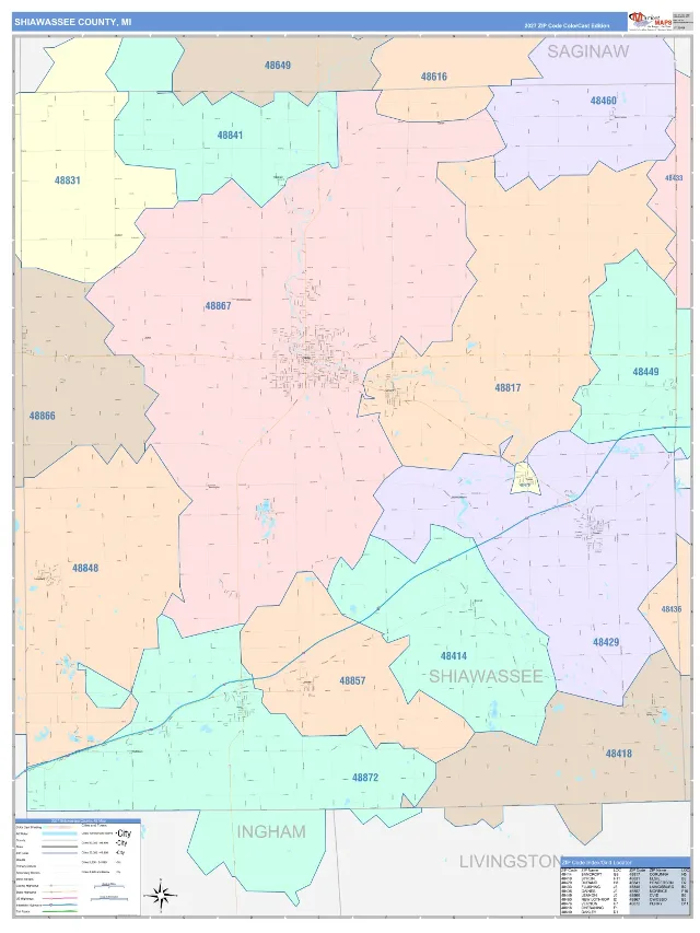 Shiawassee County, MI ZIP Code Wall Map, ColorCast style