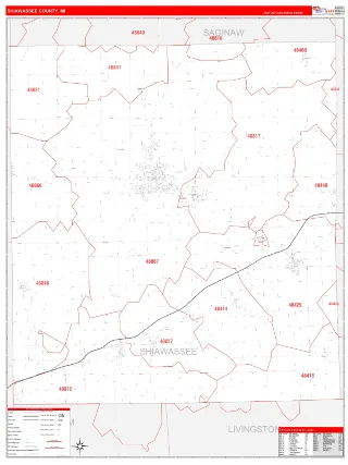 Shiawassee County, MI RedLine style ZIP Code wall map