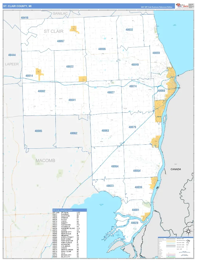 St. Clair County, MI ZIP Code Wall Map, Business Reference style