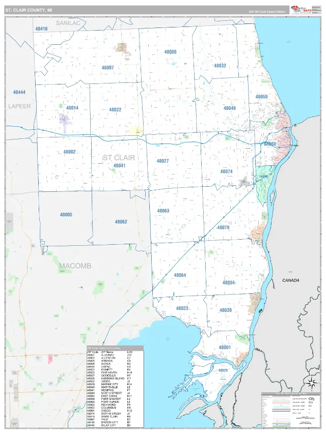 St. Clair County, MI ZIP Code Wall Map, Classic style