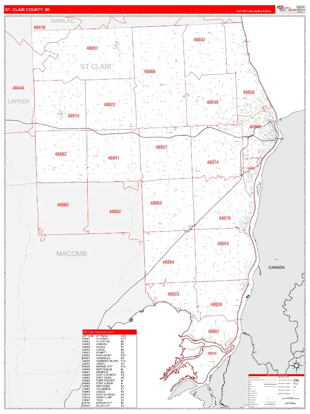 St. Clair County, MI ZIP Code Wall Map, RedLine style