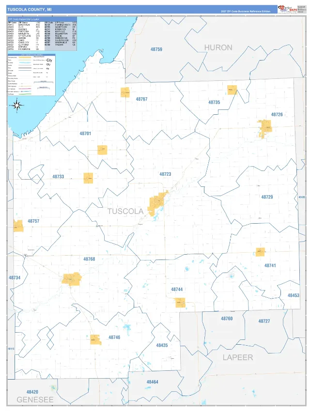 Tuscola County, MI ZIP Code Wall Map, Business Reference style