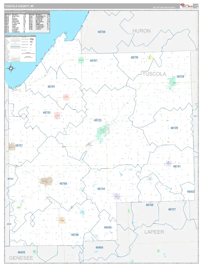 Tuscola County, MI ZIP Code Wall Map, Classic style