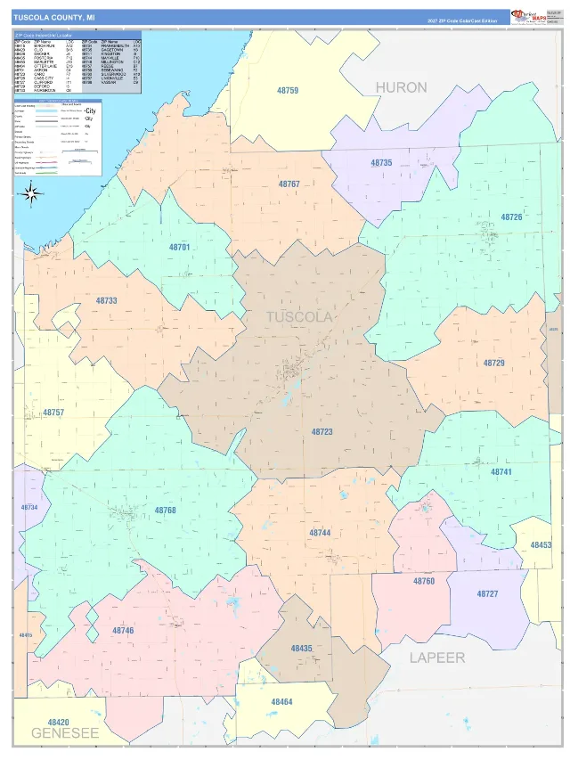 Tuscola County, MI ZIP Code Wall Map, ColorCast style