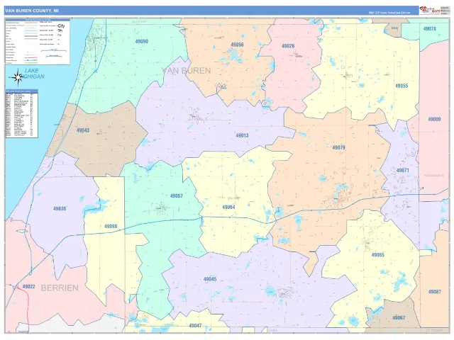 Van Buren County, MI ZIP Code Wall Map, ColorCast style