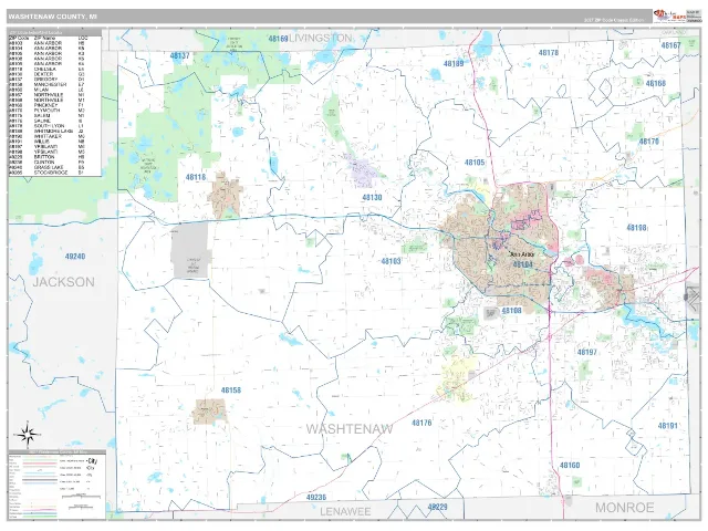 Washtenaw County, MI ZIP Code Wall Map, Classic style