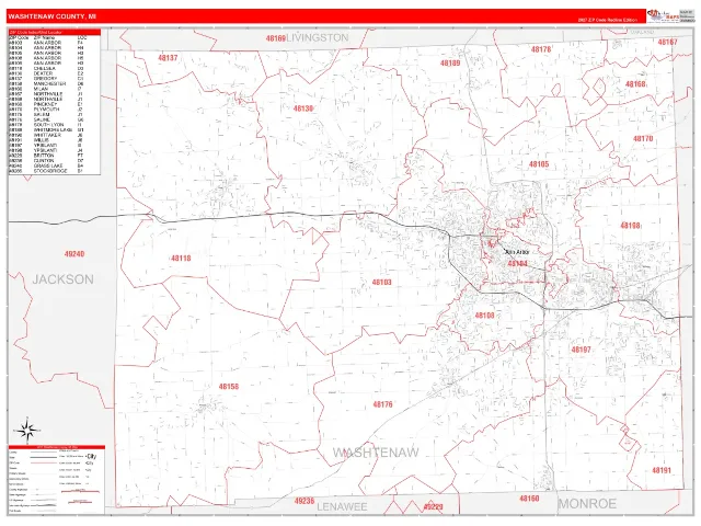 Washtenaw County, MI ZIP Code Wall Map, RedLine style