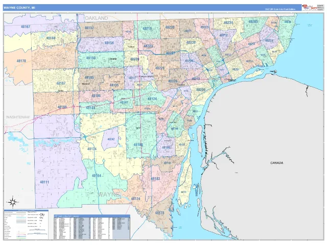 Wayne County, MI ZIP Code Wall Map, ColorCast style