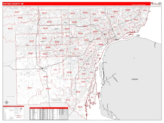 Wayne County, MI ZIP Code Wall Map, RedLine style