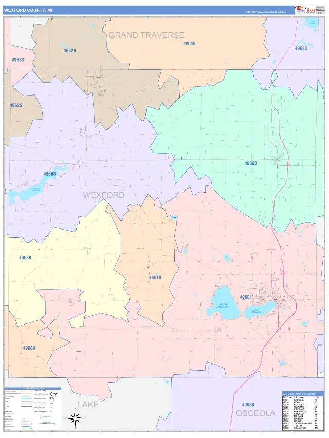 Wexford County, MI ZIP Code Wall Map, ColorCast style