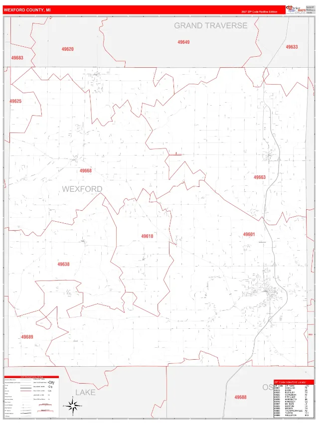 Wexford County, MI ZIP Code Wall Map, RedLine style