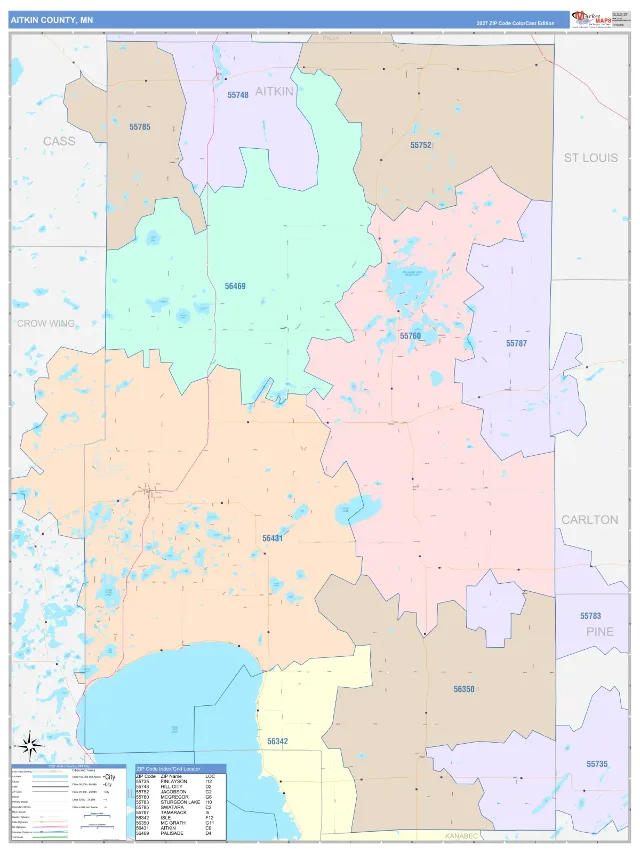 Aitkin County, MN ZIP Code Wall Map, ColorCast style
