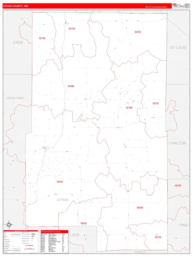 Aitkin County, MN ZIP Code Wall Map, RedLine style