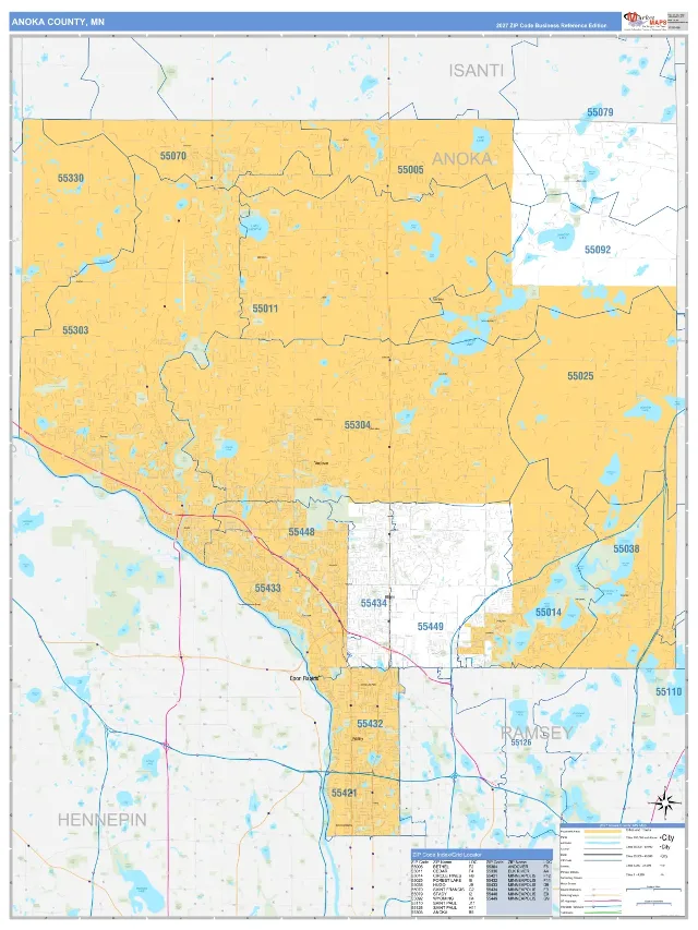 Anoka County, MN ZIP Code Wall Map, Business Reference style