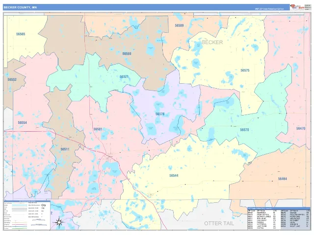 Becker County, MN ZIP Code Wall Map, ColorCast style