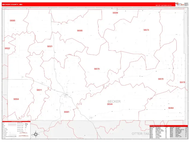 Becker County, MN ZIP Code Wall Map, RedLine style