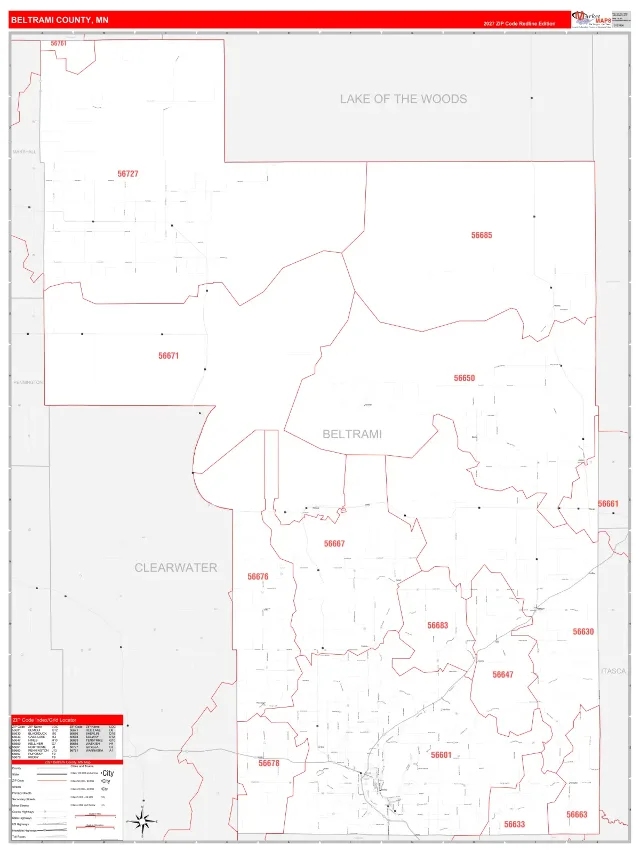 Beltrami County, MN ZIP Code Wall Map, RedLine style
