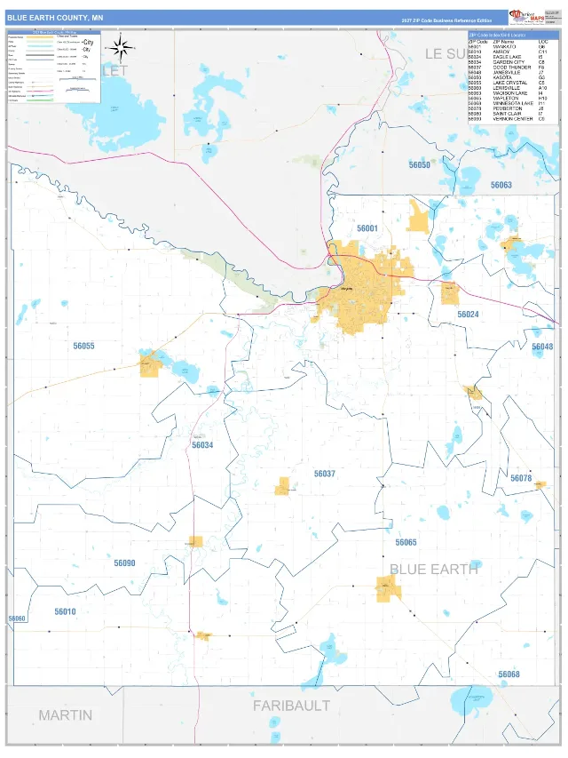 Blue Earth County, MN ZIP Code Wall Map, Business Reference style