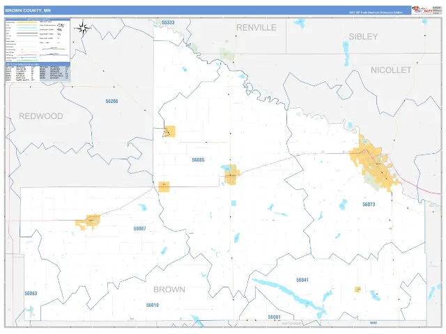 Brown County, MN ZIP Code Wall Map, Business Reference style