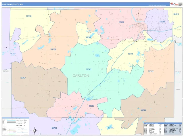 Carlton County, MN ZIP Code Wall Map, ColorCast style