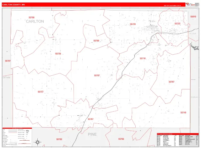 Carlton County, MN ZIP Code Wall Map, RedLine style